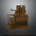 Modern Golden Mechanical Device With Shiny Metal Pipes Control Knobs And Dark Base Reflection
