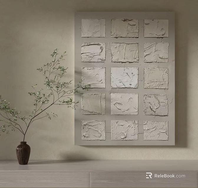 Textured Wall Art With Multiple Square Panels And Vase With Green Branches 3d model