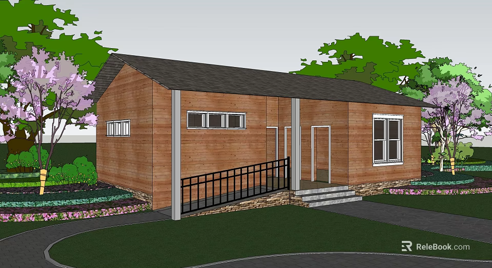 Wooden House Exterior Featuring Gray Roof Black Railing Stone Steps Green Trees And Flower Beds 3d model 