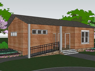 Wooden House Exterior Featuring Gray Roof Black Railing Stone Steps Green Trees And Flower Beds 3d model