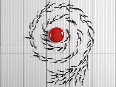 Creative Wall Decor With Black Fish Shaped Patterns And Red Sphere Swirl Design 3d model