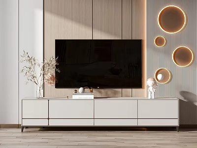 Modern White TV Stand with Storage Holding TV on Wooden Wall and Circular Decor 3d model