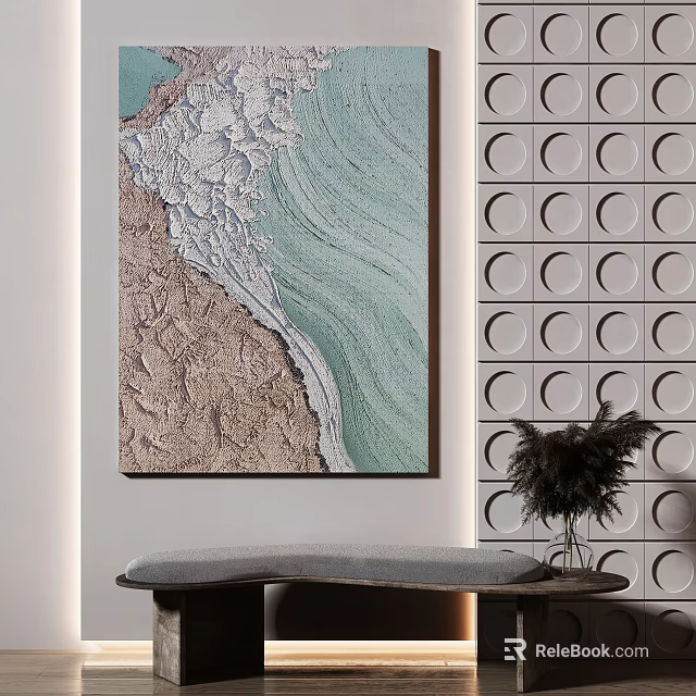 Abstract Artwork With Light Green Waves Brown Textures Circular Pattern Wall Gray Bench And Black Plant 3d model