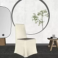 Beige Upholstered Modern Dining Chair In Minimalist Interior With Round Decor Oval Mirror Wooden Table