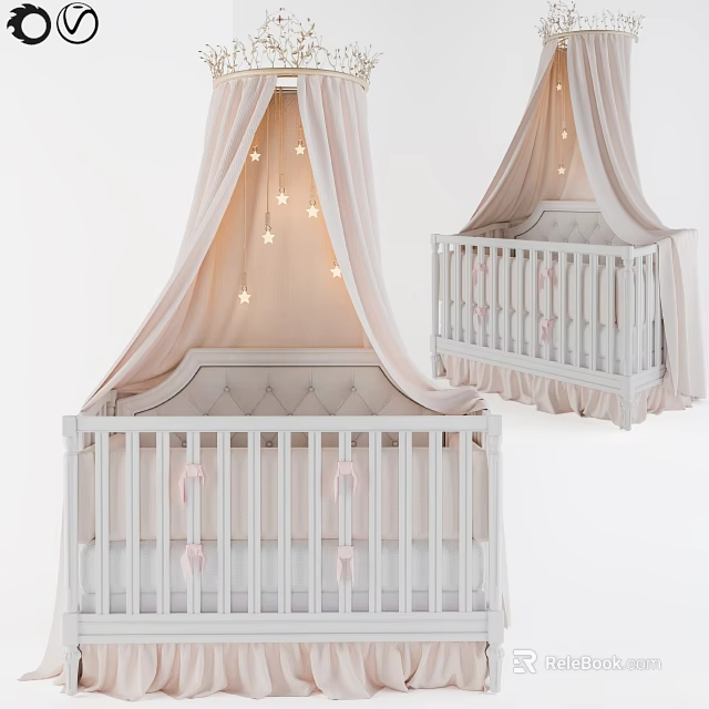 White Baby Bed With Pink Canopy And Star Decorations For Kids Room 3d model 