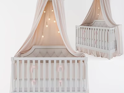 White Baby Bed With Pink Canopy And Star Decorations For Kids Room 3d model
