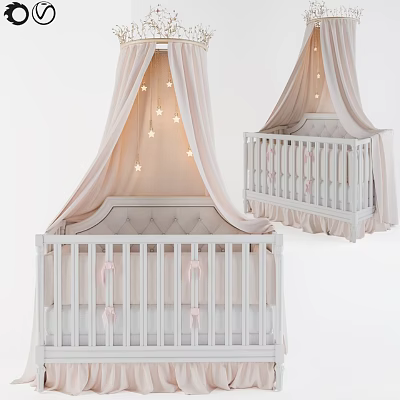 White Baby Bed With Pink Canopy And Star Decorations For Kids Room 3d model