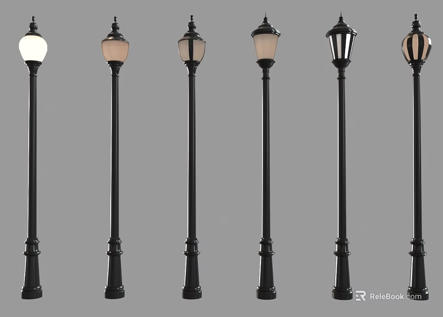 Black Pole Outdoor Street Lights With Various Classic Lampshades And Decorative Design Elements 3d model 