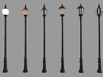 Black Pole Outdoor Street Lights With Various Classic Lampshades And Decorative Design Elements 3d model