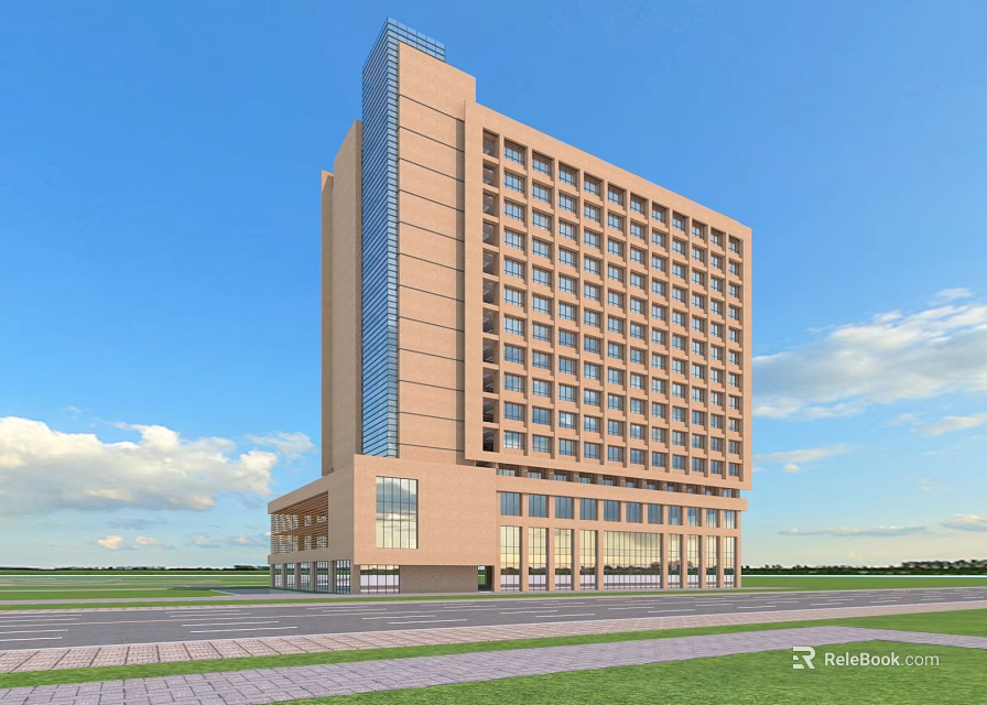 Modern High Rise Office Building Featuring Light Brown Exterior Large Windows And Spacious Lawn 3d model 