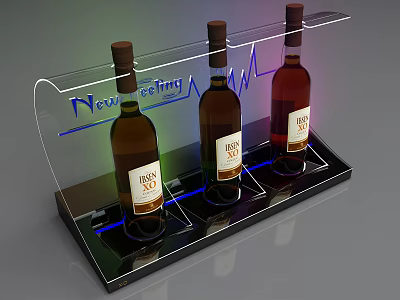 New Century Transparent Wine Rack With Three Royal Label Bottles And Neon Lights 3d model