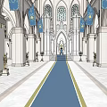 Religious Faith Inspired Church Interior With Gothic Arches Stained Glass And Blue Banners