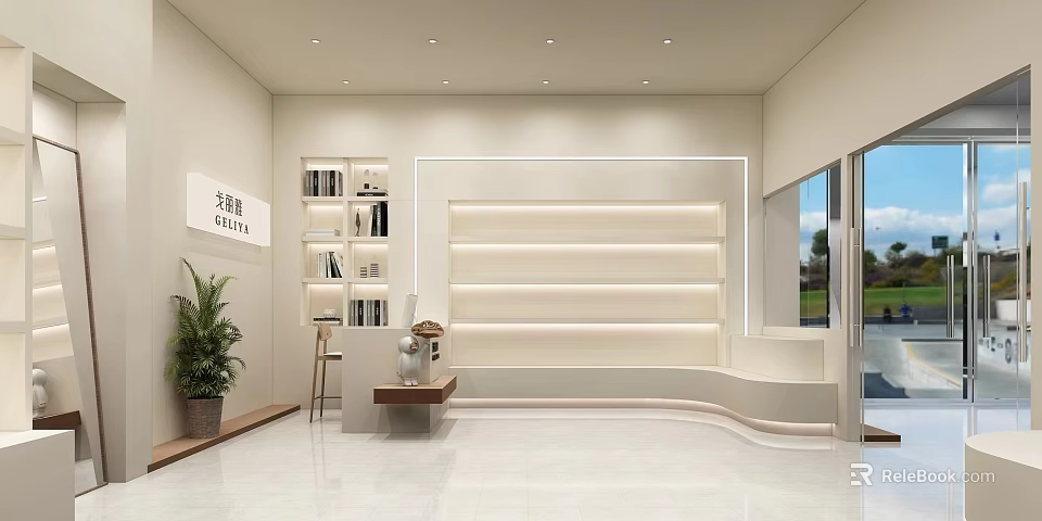 Minimalist Specialty Store Interior With White Display Walls Bookshelves And Indoor Plant 3d model 