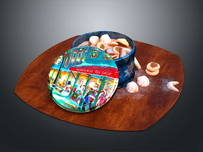 Iron Art Decorative Tin With Colorful Pattern On Wooden Tray 3d model