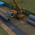 Road Infrastructure Construction Site With Yellow Crane Stacked Concrete Pipes Background Buildings And Trees