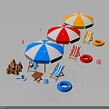 Colorful Striped Outdoor Beach Chairs With Umbrellas Life Rings And Sandcastle