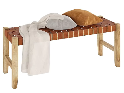 Cozy Wooden Bench with Woven Seat Light Colored Blanket Gray Brown Pillows 3d model