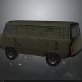 Vintage Olive Green Military Van With Worn Appearance Multiple Windows And Silver Rims