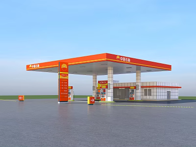 Gas Station Exterior With China Petroleum Logo Orange Red Canopy Fuel Pumps And Convenience Store 3d model