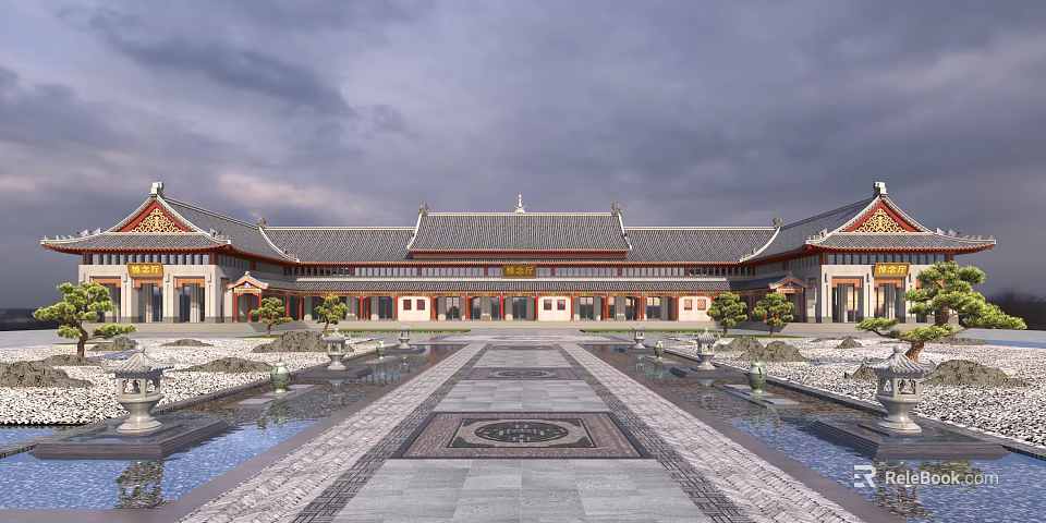 Traditional Chinese Courtyard With Symmetric Architecture Gray Roofs Red Pillars Stone Path And Water Features 3d model 
