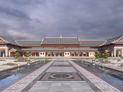Traditional Chinese Courtyard With Symmetric Architecture Gray Roofs Red Pillars Stone Path And Water Features 3d model
