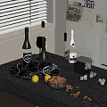 Wine Bottles and Glasses on Black Table with Crystal Decanter Lemon Almonds and Window Blinds