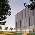 Modern Architectural Exterior With Metal Panel Facade Glass Curtain Wall Green Lawn And Trees