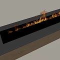 Modern Linear Fireplace With Burning Flames And Black Mantel Wooden Base Interior Design