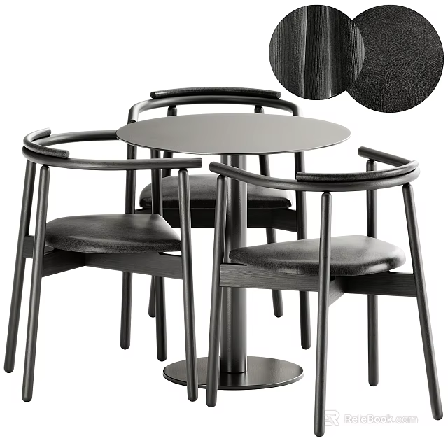 Modern Round Dining Table And Armchairs Set With Leather Seats And Metal Frame 3d model 