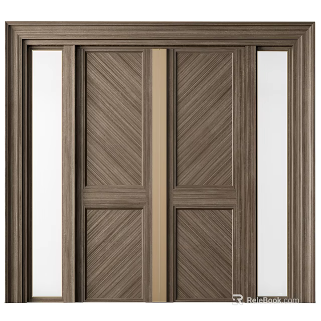 Modern Wooden Partition With Herringbone Pattern Panels And Glass Insert Sections 3d model 