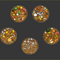 Round Dining Tables with Various Fruits Desserts Drinks and Toys on Wooden Bases