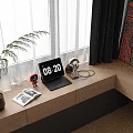 Desk By Window With White Black Curtains Laptop Headphones Clock Green Plant And Colorful Painting