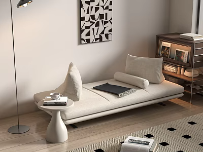 Beige Two Seater Sofa With Cushions Pillows Side Table And Geometric Wall Art 3d model