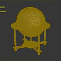 Antique Yellow Globe With Detailed Map On Decorative Wooden Stand And Carved Columns