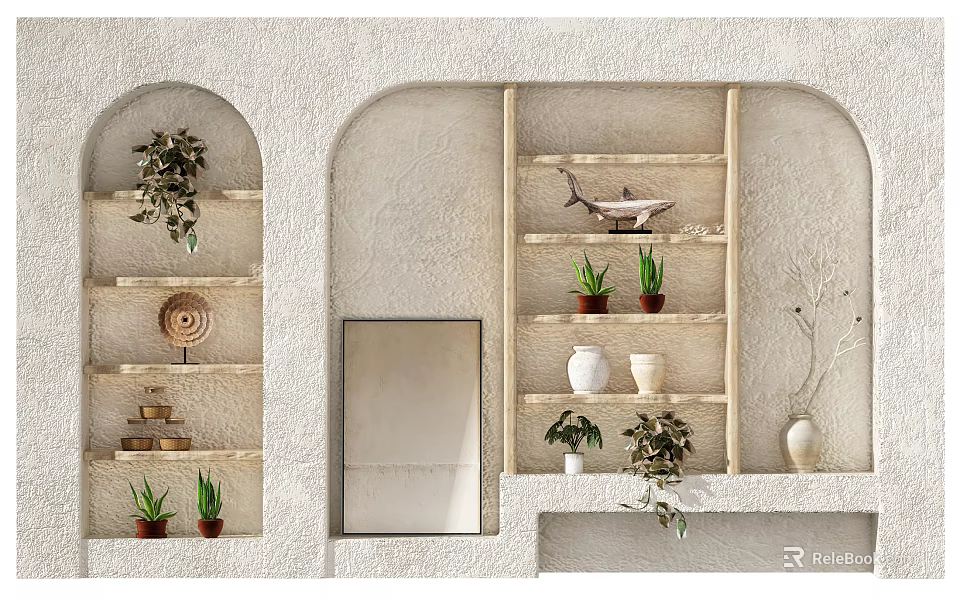 Decorative Ornament Combination On Wall With Arched Niches Wooden Shelves Plants And Ceramic Vases 3d model 