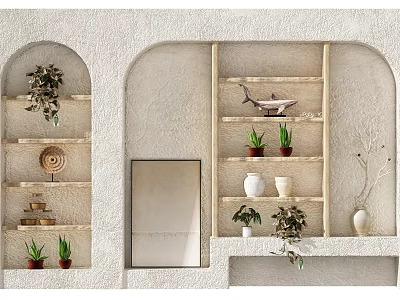 Decorative Ornament Combination On Wall With Arched Niches Wooden Shelves Plants And Ceramic Vases 3d model
