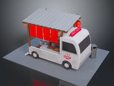 White Food Truck With Gray Roof Red Awning Takeout Sign And Wheels 3d model