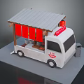 White Food Truck With Gray Roof Red Awning Takeout Sign And Wheels