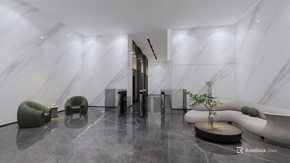 Modern Luxury Front Desk Reception Area With Marble Walls And Sofa Seating 3d model 