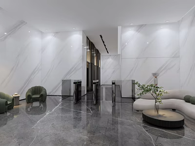 Modern Luxury Front Desk Reception Area With Marble Walls And Sofa Seating 3d model