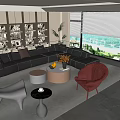 Modern Black Sofa and Round Coffee Table Set with Red Chair Metal Base