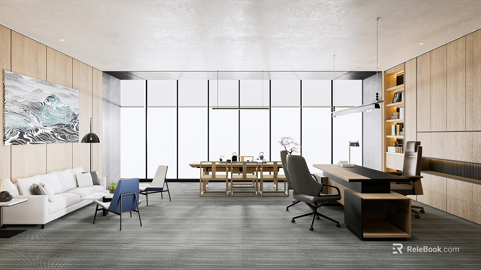 Bright Modern Office Interior With Large Windows Desk Sofa And Bookshelf 3d model