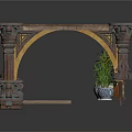 Ornate Furniture Piece Featuring Square Tabletop Arched Structure Columns Railing And Potted Plants