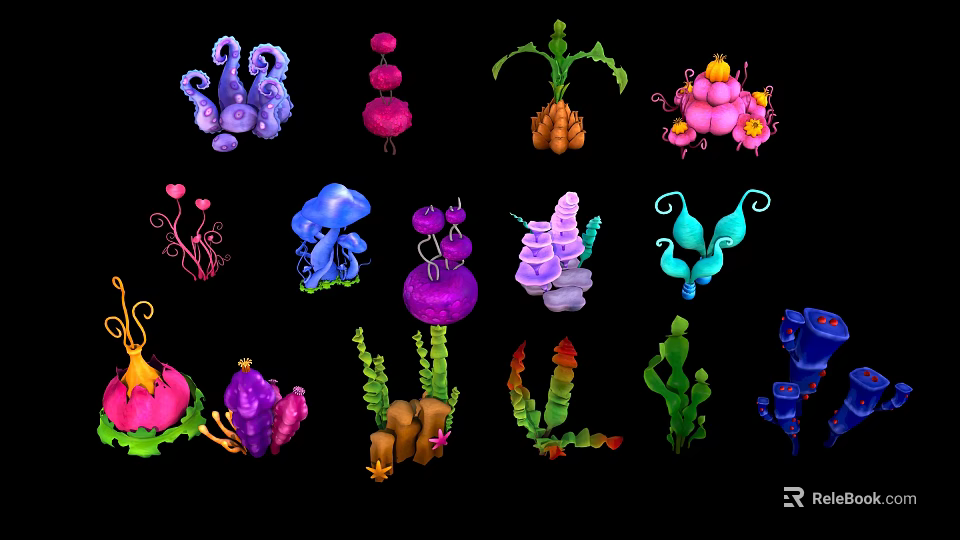 Colorful Fantasy Plants with Various Unique Shapes and Vibrant Colors 3d model 