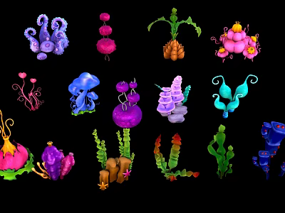 Colorful Fantasy Plants with Various Unique Shapes and Vibrant Colors 3d model