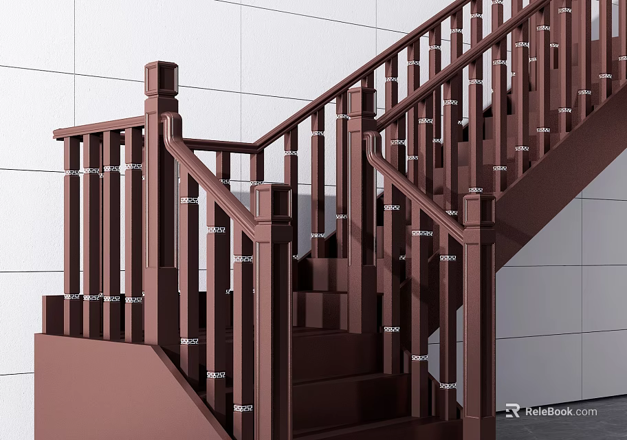 Brown Wooden Staircase with Railings and White Tile Wall Interior Design 3d model 