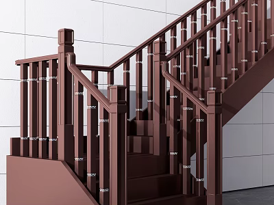 Brown Wooden Staircase with Railings and White Tile Wall Interior Design 3d model