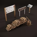 Stone and Wood Logs Stack with Axe and Forest Management Signs 3d model