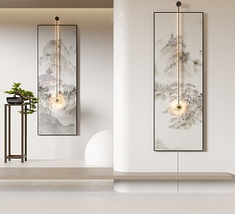 New Chinese Landscape Painting Decorative Painting Hanging Painting Wall Lamp Green Plant 3d model