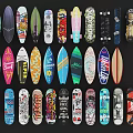 Colorful Sports Equipment Skateboards And Surfboards With Various Graphic Patterns And Designs